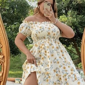SHEIN Off-Shoulder Yellow Floral Mini Dress